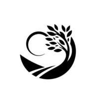 A stylized, monochromatic featuring a tree within a circular shape, suggesting growth, environment, and nature, against a white background. vector