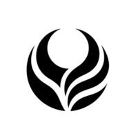 Abstract black and white featuring a stylized, curved, and symmetrical shape within a circle, suggesting wings or a flame. vector