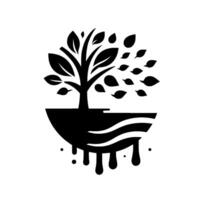 A stylized, black and white depicts a flourishing tree with falling leaves, roots dripping from a halfmoon base, conveying growth and potential. vector