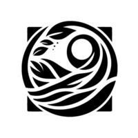 Abstract Black and White NatureInspired A Square Enclosure with Flowing Lines, a Central Circle, and Leafy Elements, Evoking Harmony. vector