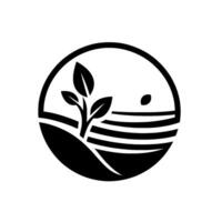 Symbolic black and white circular depicting a growing plant, fields, and a sunlike shape, representing growth and nature. vector