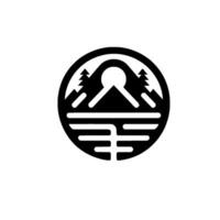 A minimalist black and white circular emblem features a mountain, sun, trees, and waterlike shape, representing nature and adventure. vector