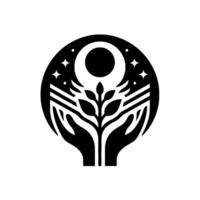 Black and white circular depicting hands cradling a growing plant with stars, a moon, and celestial elements. vector