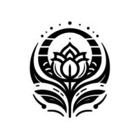 Elegant black and white floral , enclosed in an oval composition, featuring a stylized lotus with an intricate moonlike background and delicate leaf details. vector