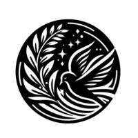 A stylized black and white circular emblem featuring a dove with outstretched wings amidst olive branches and twinkling stars, representing peace and serenity. vector