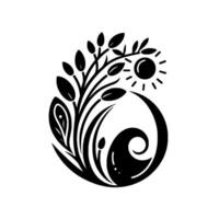 Abstract, stylized black and white illustration of natures elements in a circular, balanced composition featuring sun, leaves, and wave. vector