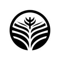 Bold black and white minimalist featuring a stylized tree or plant emblem within a circular frame, signifying growth. vector