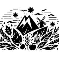 A stylized black and white illustration of a fall landscape featuring mountains, a windmill, leaves, and apples. vector