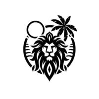 Regal Lion Black and White Featuring a Lions Face, Palm Tree, and Sun Within a Circular on White Background. vector