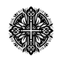 Intricate Black White Mandala Featuring a Cross, Adorned with Ornate Floral Elements and Geometric Detailing, Set Against a Clean White Background. vector