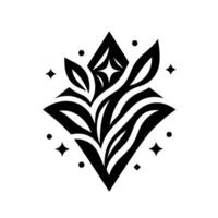 Geometric Black White Floral within a Diamond Shape, Featuring Leaves and Sparkles. vector