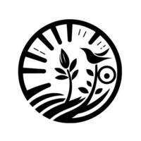 A stylized black and white circular featuring plants, a bird, and a sunburstlike pattern, set against a white backdrop. vector