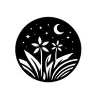 Silhouetted tropical landscape at night, featuring palm trees, foliage, crescent moon, and stars contained within a circular frame. vector