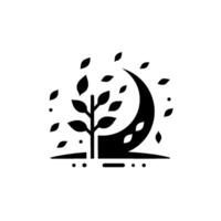 Abstract black and white illustration of a tree with leaves blowing in the wind, alongside a crescent moon and minimalist elements, representing growth. vector