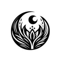 Symbolic Black and White Crescent Moon, Starry Accents, and a Stylized Floral Element, within a Circular Frame, on a White Background. vector