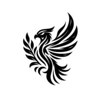 A stylized, symmetrical black eagle emblem with outstretched wings and a leafy branch, rendered in a minimalist, against a stark white background. vector
