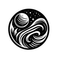 Celestial Yin Yang A stylized black and white circular illustration featuring a swirling sea motif juxtaposed with a planetlike celestial body and starry background. vector