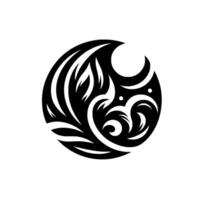 Abstract black and white circular tribal , featuring intricate patterns of stylized leaves, curves, and crescent shapes against a plain background, creating a modern visual impact. vector