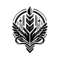 A symmetrical, black and white stylized of wheat, leaves, and geometric shapes within a circular frame, evoking symbolism and elegance. vector
