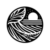 A circular black and white minimalist depicting a stylized landscape with fields, foliage, a moon, and stars. vector
