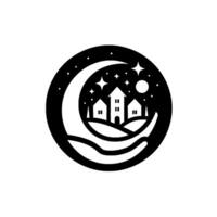 A minimalist, blackandwhite circular features houses under a crescent moon and stars, cradled by hands. vector
