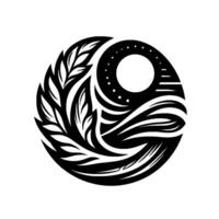 A serene, circular monochrome featuring stylized leaves and water patterns, embracing a central moonlike void adorned with dots. vector