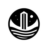 Black and white minimalist a tower between stylized waves under a night sky with moon and stars, inside a circle. vector