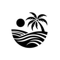 A Stylized Black and White Tropical Island Scene Sun, Palm Tree, and Ocean Waves in a Rounded Composition. vector