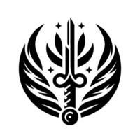 A stylized black and white emblem featuring a sword encircled by wings, stars and abstract , embodying a blend of fantasy and elegance. vector