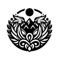 Symmetrical, monochromatic emblem featuring two stylized eagle heads flanking a mountain, enclosed in a circle with decorative elements, evoking strength and nature. vector