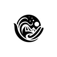 Abstract black and white illustration featuring a mountain range and crescent moon embraced within stylized, swirling elements, all encapsulated within a circle, against a clean white background. vector