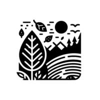 Stylized black and white nature scene within a square frame, featuring a large leaf, hills, a sun, trees, birds, and wind elements. vector