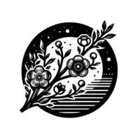 Elegant black and white floral illustration with blossoming branches, set within a circular frame and subtle background details. vector
