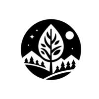A minimalist black and white of a tree inside a circle, surrounded by mountains, pine trees, stars, and a moon, evoking a sense of serenity and natures beauty. vector