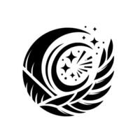 Abstract Black and White Celestial Crescent Moons, Stars, and Winglike Embellishments, Evoking a Sense of Magic and Mystery. vector