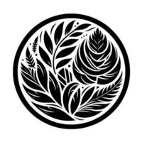 Circular Black and White Botanical Illustration Stylized Leaves and Foliage Arranged within a Circle, Minimalist, and . vector