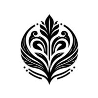 Symmetrical Black and White Foliage with Curved Lines, Leaves, and Decorative Elements in a Circular, Elegant Pattern. vector