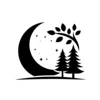 Silhouette of Crescent Moon, Stars, Evergreen Trees, and Branch in Black and White, Reflecting Serene Night in Nature. vector