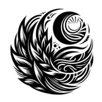 Intricate Black and White Circular Featuring Floral, Crescent, and Abstract Ornamental Elements, Inspired by Nature and Spiritual Forms. vector