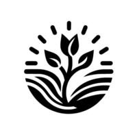 Simplified black and white depicting a plant sprouting with sun rays over fields, symbolizing growth and nature. vector