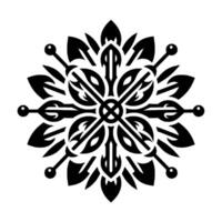 Symmetrical, stylized black and white floral with arrowlike elements and circular accents, creating a mandalalike aesthetic on a white background. vector