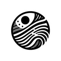 Abstract black and white circular featuring an eyelike element with geometric and organic patterns, conveying a sense of balance. vector