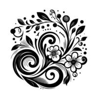 Intricate black and white floral featuring stylized flowers, swirling patterns, leaves, and dots, arranged in a circular composition on a white background. vector