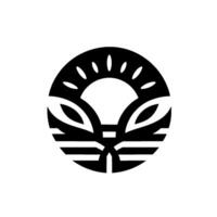 A minimalist black and white featuring a stylized floral emblem within a circle, suggestive of a sunset. vector