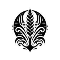 A symmetrical, abstract, black and white , centered around a wheat stalk, encircled by a stylized, ornate border and swirling elements, reminiscent of tribal art, set against a plain whi vector