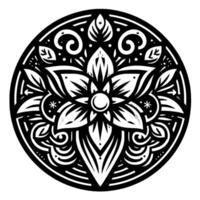Intricate black and white floral mandala, symmetrical with stylized petals, leaves, and swirling elements, set within a circular border. vector