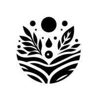 Stylized Black and White Circular Composition Featuring Leafy Branches, Water Drops, and Circular Forms Resembling Natures Elements. vector