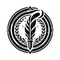 A bold black and white circular emblem featuring a stylized feather and laurel wreath, suggestive of knowledge and victory, set against a plain white background. vector