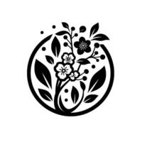 Elegant monochrome floral arrangement, a stylized blossoming branch enclosed in a circular frame, on a stark white background. vector