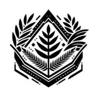 Abstract Geometric Emblem of Nature A black and white featuring stylized leaves, ferns, and a central plant within a multifaceted geometric structure, evoking harmony. vector